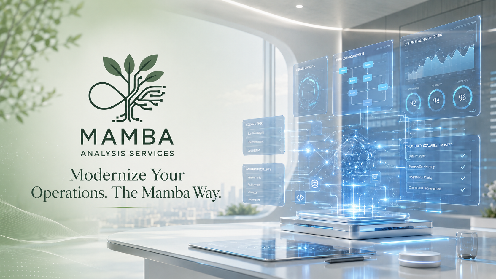 Mamba Analysis Services workspace illustrating operational modernization, AI-enabled insights, workflow structure, and system health visibility.