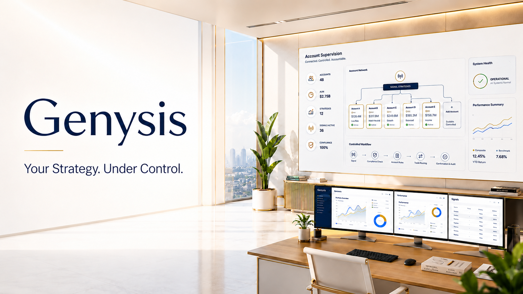 A bright Genysis account-supervision workspace displaying connected accounts, controlled workflow, system health, and performance visibility.
