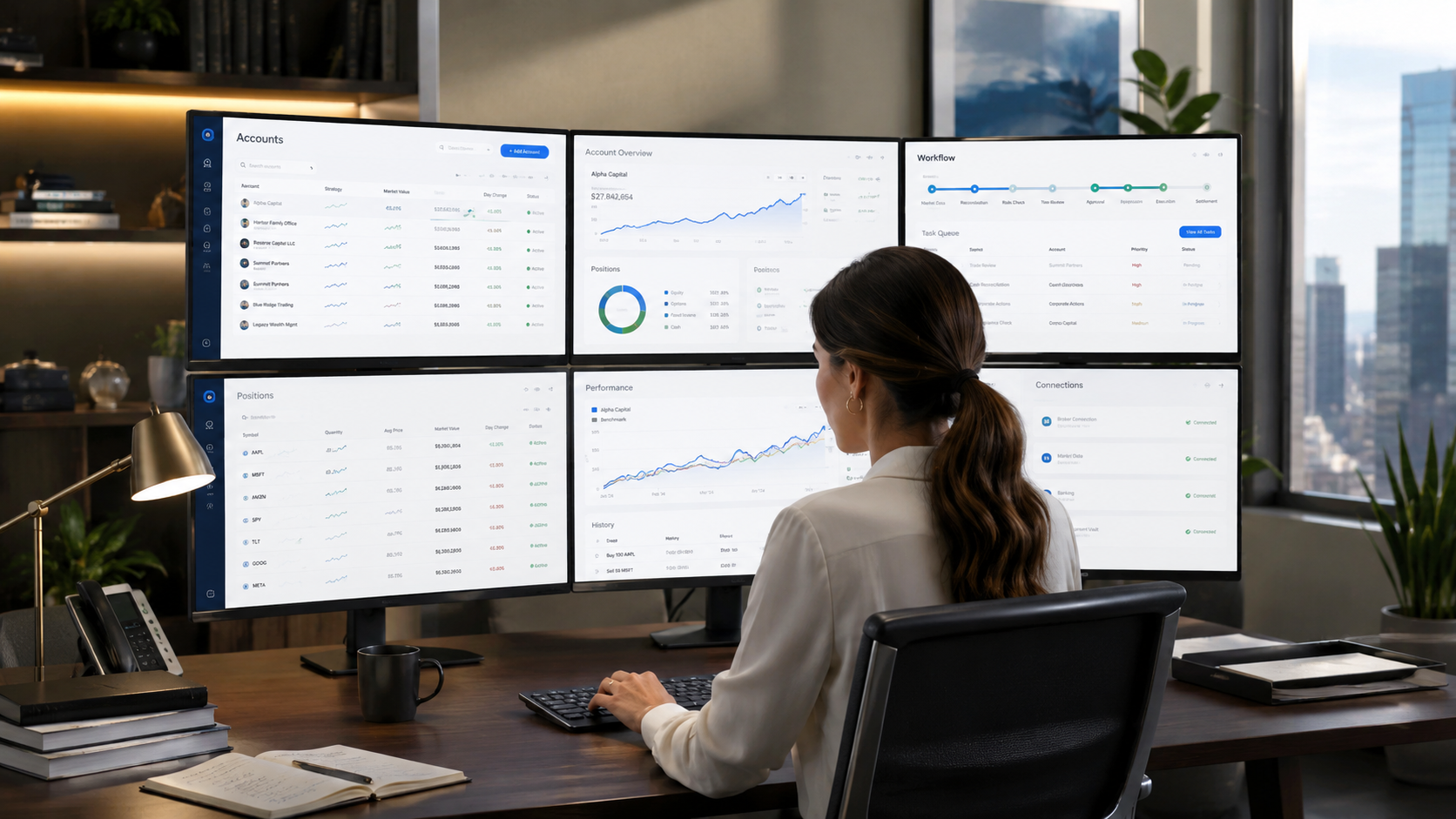 Professional account manager reviewing multiple Genysis-style account workflow dashboards from one command-center workspace.