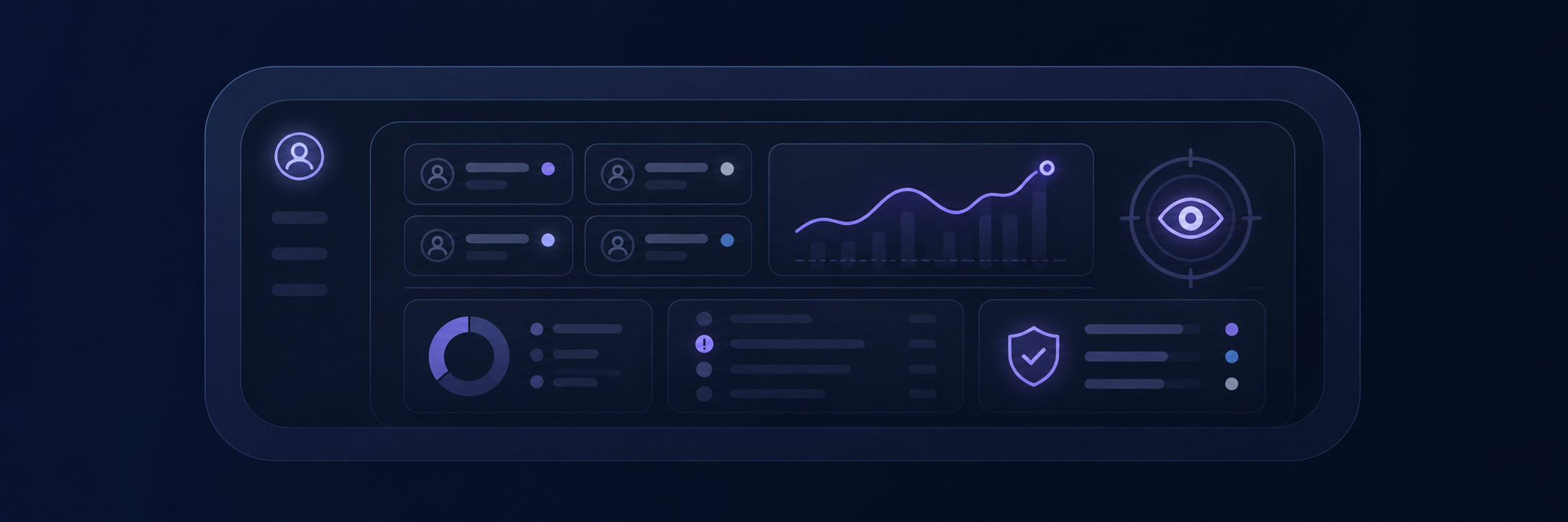 Illustration of a secure operator console with account cards, performance visibility, review indicators, and control panels.